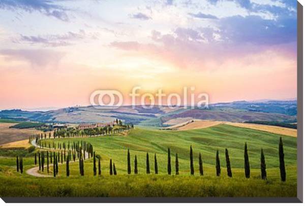 Постер Извилистые дороги с кипарисами, зеленый пейзаж на закате, Тоскана, Италия с типом исполнения На холсте без рамы
