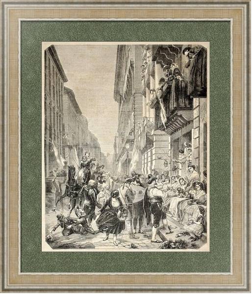 Постер Carnival festivities in Rome. Original, from drawing of Godefroy and Durand, published on L'Illustra с типом исполнения Акварель в раме в багетной раме 485.M40.584