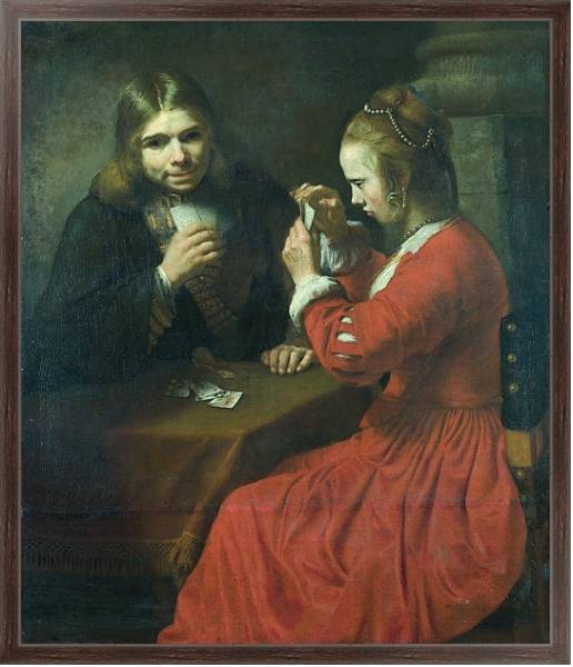 Постер Молодые юноша и девушка, играющие в карты с типом исполнения На холсте в раме в багетной раме 221-02