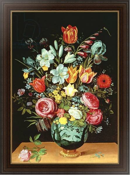 Постер A Still Life of Flowers in a Porcelain Vase Resting on a Ledge с типом исполнения На холсте в раме в багетной раме 1.023.151