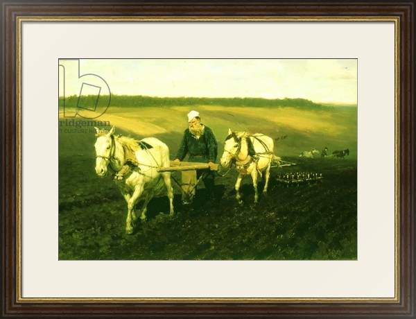 Постер The writer Lev Nikolaevich Tolstoy ploughing with horses, 1889 с типом исполнения Под стеклом в багетной раме 1.023.036