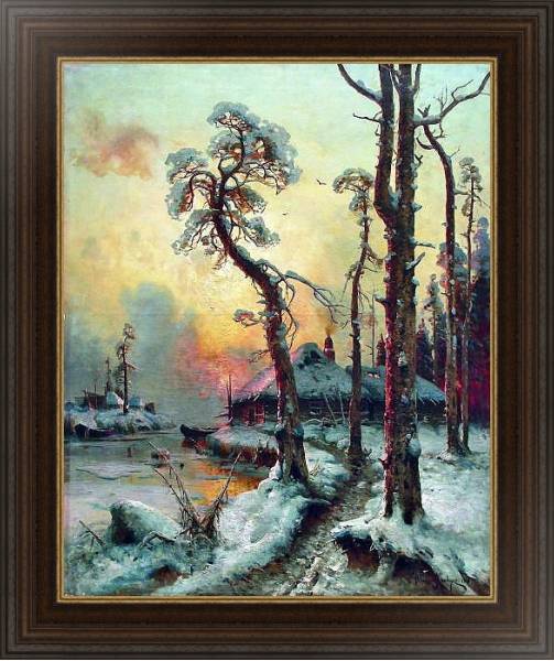 Постер Зимний пейзаж с рекой и домами. 1914 с типом исполнения На холсте в раме в багетной раме 1.023.151