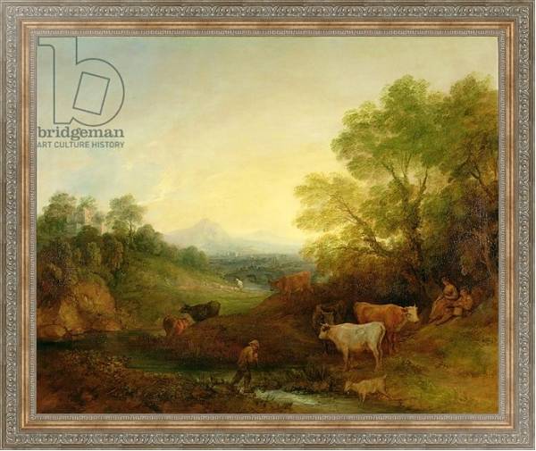 Постер A Landscape with Cattle and Figures by a Stream and a Distant Bridge, c.1772-4 с типом исполнения На холсте в раме в багетной раме 484.M48.310