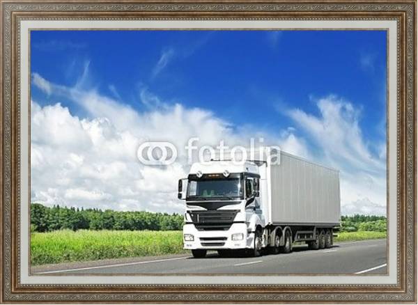 Постер Белый грузовик на сельской автодороге с типом исполнения На холсте в раме в багетной раме 595.M52.330