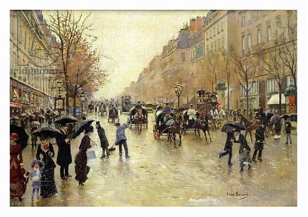 Постер Boulevard Poissonniere in the Rain, c.1885 с типом исполнения На холсте в раме в багетной раме 221-03