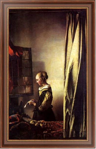 Постер Девушка у открытого окна, читающая письмо с типом исполнения На холсте в раме в багетной раме 35-M719P-83
