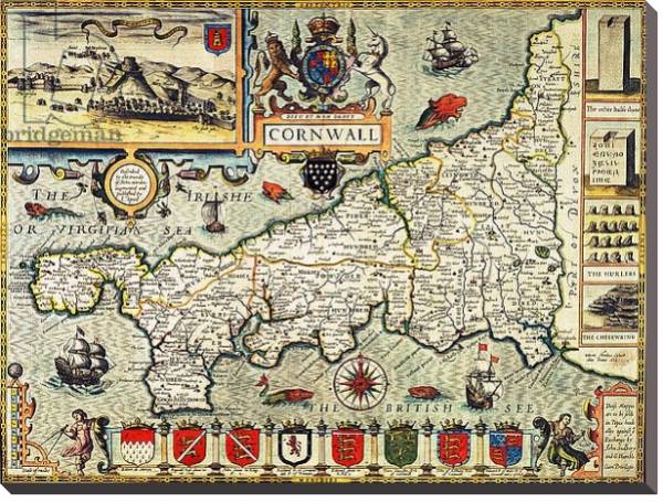 Постер Map of Cornwall from the 'Theatre of the Empire of Great Britain', pub. 1627 с типом исполнения На холсте без рамы