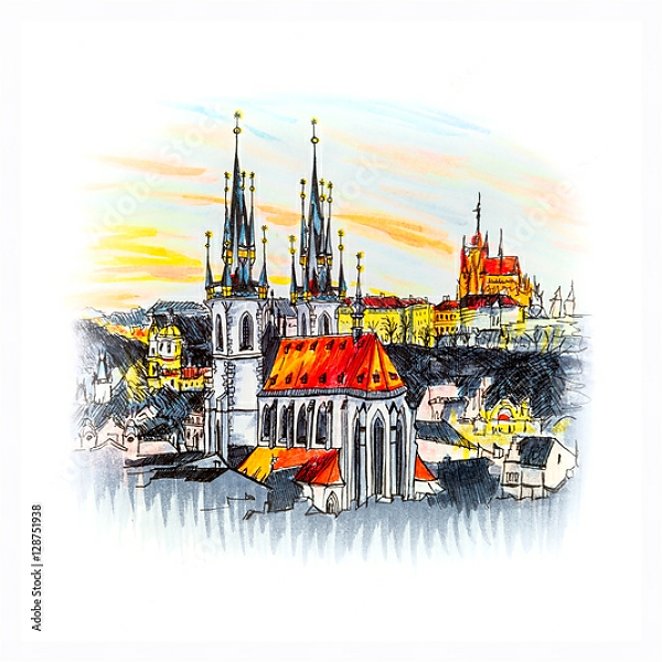 Постер Старый город с храмом на закате в Праге, Чехия, эскиз с типом исполнения На холсте в раме в багетной раме 221-03