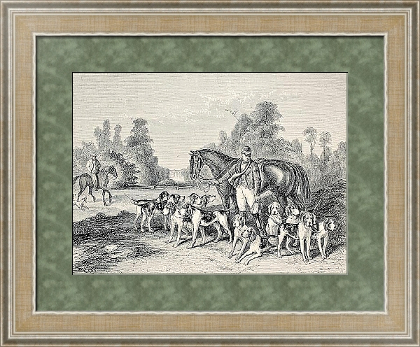 Постер Hunting dog pack .From drawing of Duvaux, engraved by Cosson. Smeeton, published on L'Illustration,  с типом исполнения Акварель в раме в багетной раме 485.M40.584