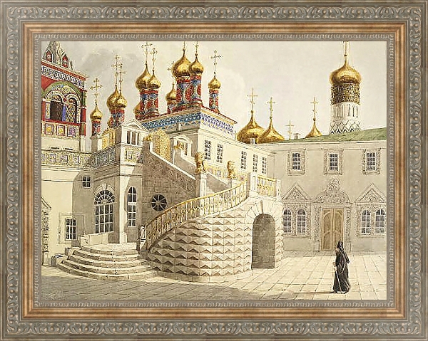 Постер Боярская площадка и храм Спас за золотой решеткой в Московском Кремле с типом исполнения На холсте в раме в багетной раме 484.M48.310