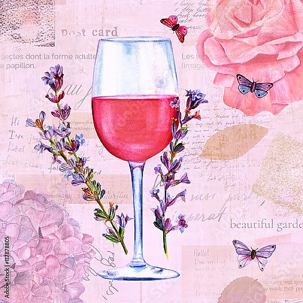Постер Бокал с вином и цветами лаванды с типом исполнения На холсте без рамы