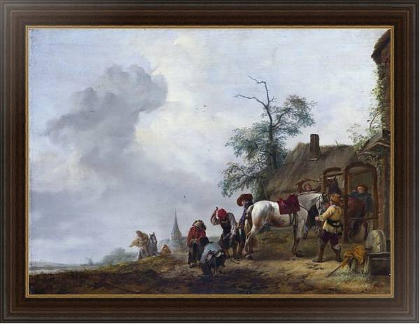 Постер Подковывание лошади у деревенской кузницы с типом исполнения На холсте в раме в багетной раме 1.023.151