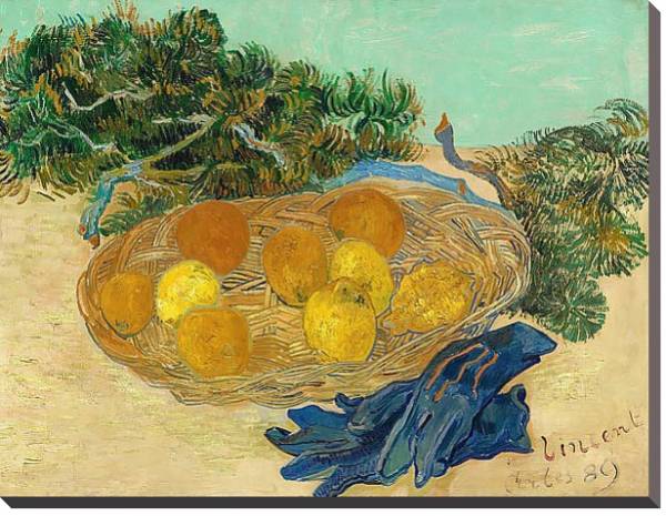 Постер Натюрморт с апельсинами, лимонами и синими перчатками с типом исполнения На холсте без рамы