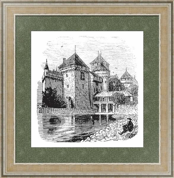 Постер Chillon Castle or Chateau de Chillon in Veytaux, Switzerland, during the 1890s, vintage engraving с типом исполнения Акварель в раме в багетной раме 485.M40.584