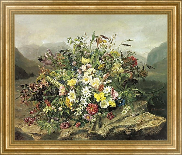 Постер Букет цветов на фоне горного пейзажа с типом исполнения На холсте в раме в багетной раме NA033.1.051