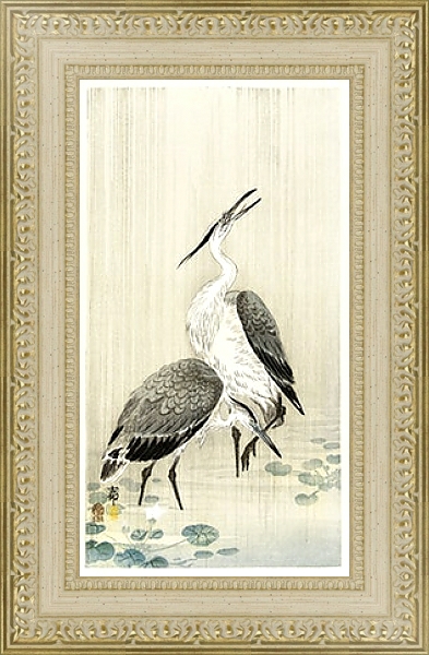 Постер Две цапли под дождем (1900 - 1910) с типом исполнения Акварель в раме в багетной раме 484.M48.725