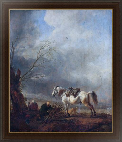 Постер Белая лошадь и престарелый мужчина, связывающий дрова с типом исполнения На холсте в раме в багетной раме 1.023.151