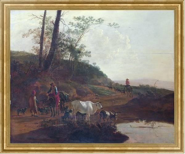 Постер Мужчина с волом и скотом у пруда с типом исполнения На холсте в раме в багетной раме NA033.1.051