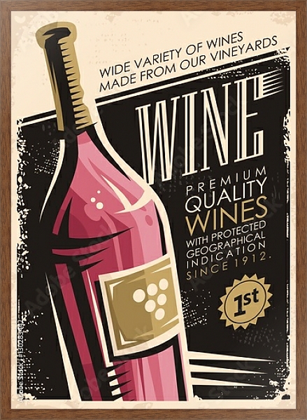 Постер Вино, ретро плакат с бутылкой красного вина с типом исполнения На холсте в раме в багетной раме 1727.4310