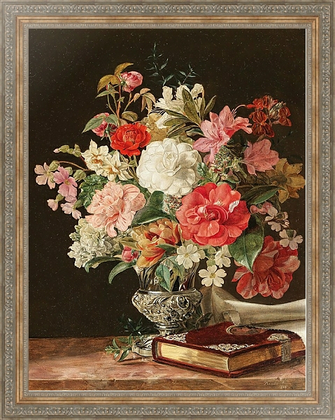Постер A Bouquet of Flowers with Camellias in a Silver Vase с типом исполнения На холсте в раме в багетной раме 484.M48.310