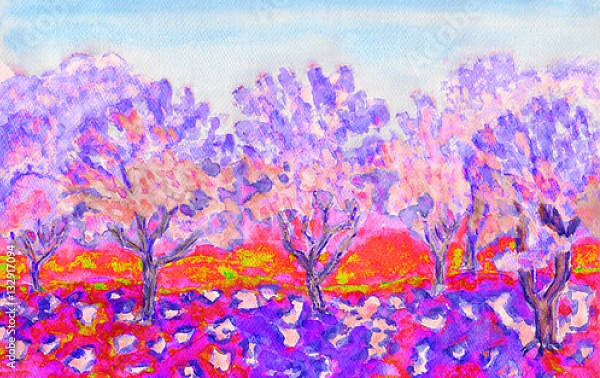 Постер Розовый весенний сад с типом исполнения На холсте в раме в багетной раме 35-M719P-83