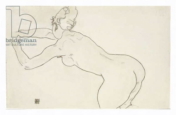 Постер Female nude kneeling and bending forward to the left, 1918 с типом исполнения На холсте в раме в багетной раме 221-03