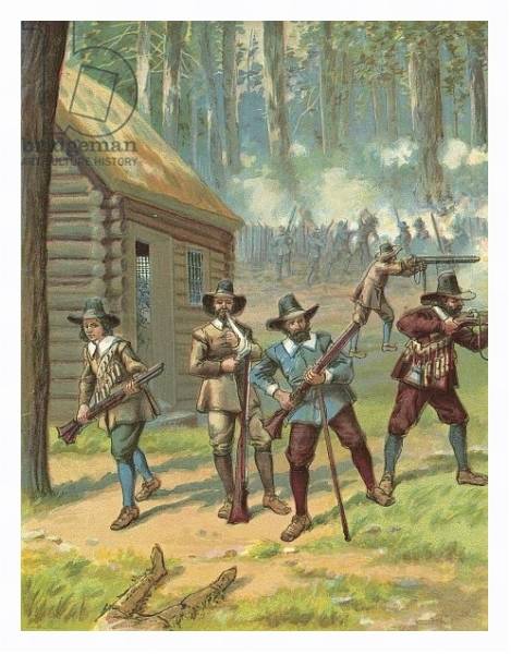 Постер The Pilgrims Fighting the Indians с типом исполнения На холсте в раме в багетной раме 221-03