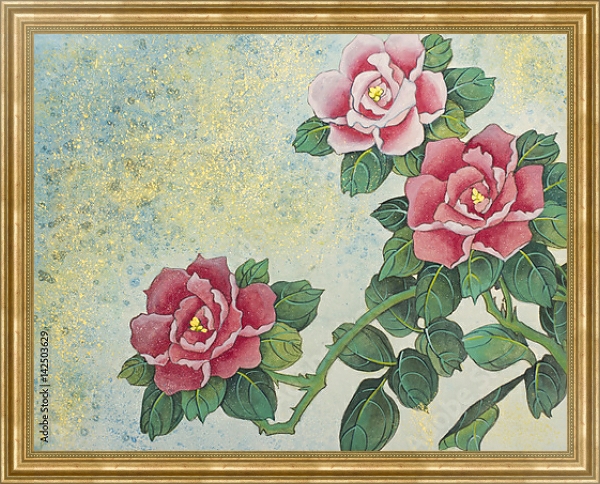 Постер Цветущий куст с тремя красными розами с типом исполнения На холсте в раме в багетной раме NA033.1.051