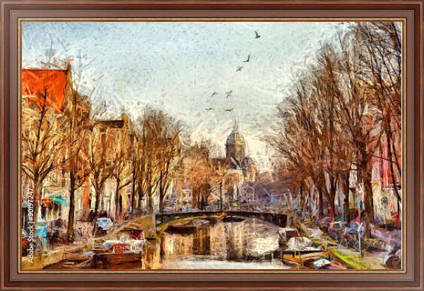 Постер Амстердамский канал на утренней городской улице с типом исполнения На холсте в раме в багетной раме 35-M719P-83