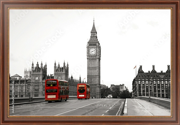 Постер Англия, Лондон. Автобусы у  Вестминстерского дворца с типом исполнения На холсте в раме в багетной раме 35-M719P-83