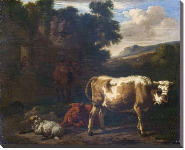 Постер Двое телят, овца и лошадь у руин с типом исполнения На холсте без рамы