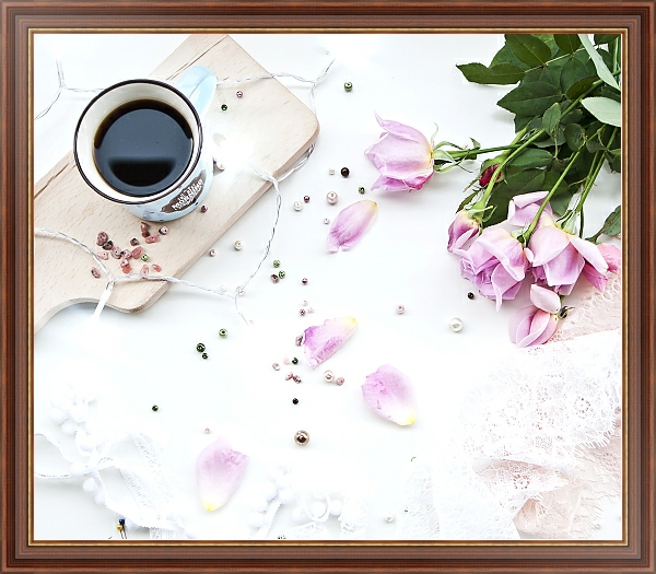 Постер Кашка кофе и букет роз с типом исполнения На холсте в раме в багетной раме 35-M719P-83