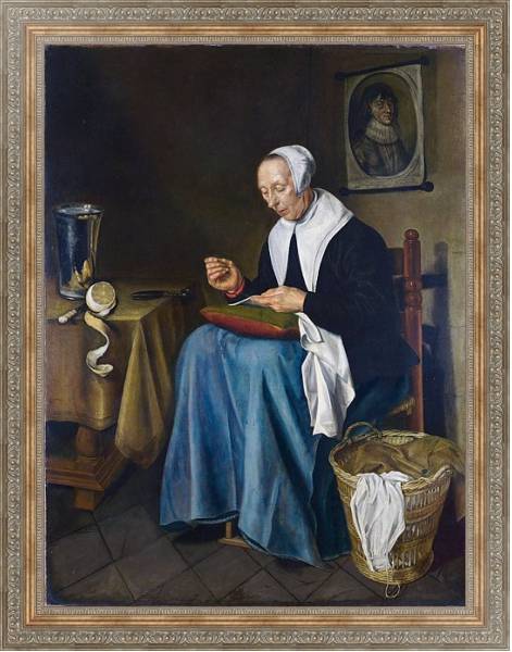 Постер Престарелая женщина за шитьем с типом исполнения На холсте в раме в багетной раме 484.M48.310