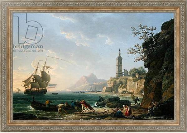 Постер A Coastal Mediterranean Landscape with a Dutch Merchantman in a Bay, 1769 с типом исполнения На холсте в раме в багетной раме 484.M48.310