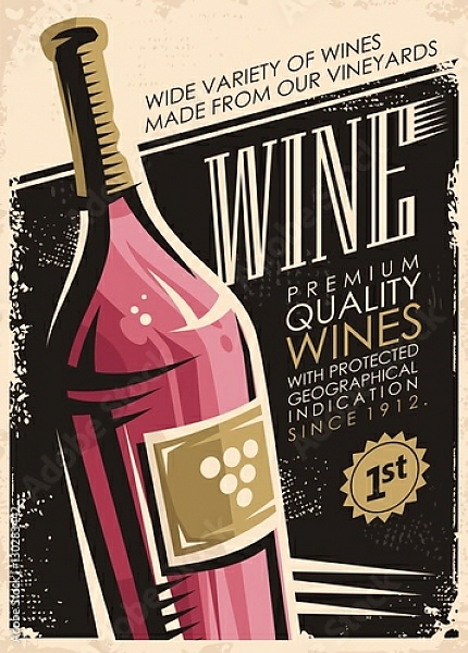 Постер Вино, ретро плакат с бутылкой красного вина с типом исполнения На холсте без рамы