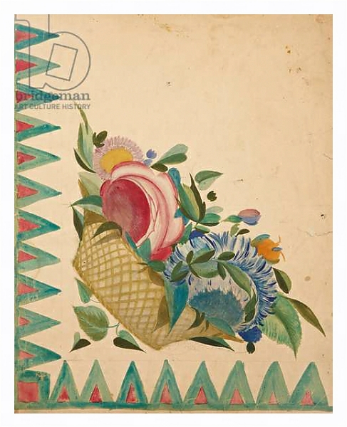 Постер Textile design with basket of flowers, с типом исполнения На холсте в раме в багетной раме 221-03