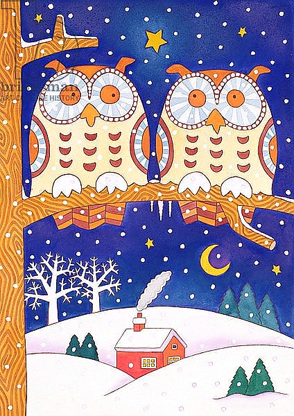 Постер Two owls on a branch с типом исполнения На холсте без рамы