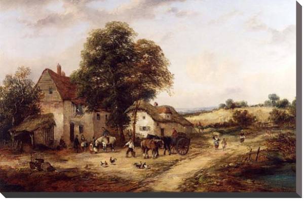 Постер Двор фермы с людьми и лошадьми с типом исполнения На холсте без рамы