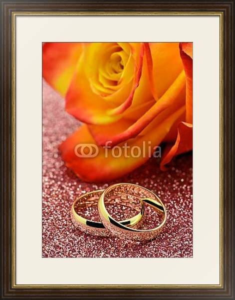 Постер Золотые кольца и роза с типом исполнения Под стеклом в багетной раме 1.023.036