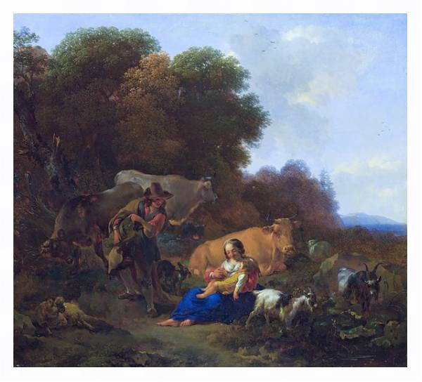 Постер Крестьянин, играющий с женщиной и ребенком с типом исполнения На холсте в раме в багетной раме 221-03
