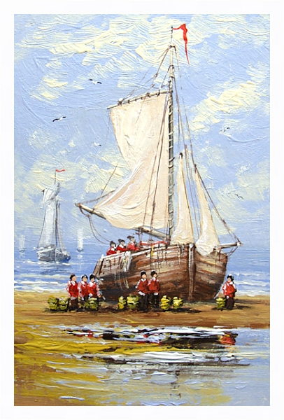 Постер Рыбаки рядом с парусником на берегу с типом исполнения На холсте в раме в багетной раме 221-03