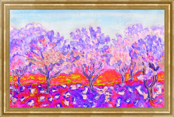 Постер Розовый весенний сад с типом исполнения На холсте в раме в багетной раме NA033.1.051