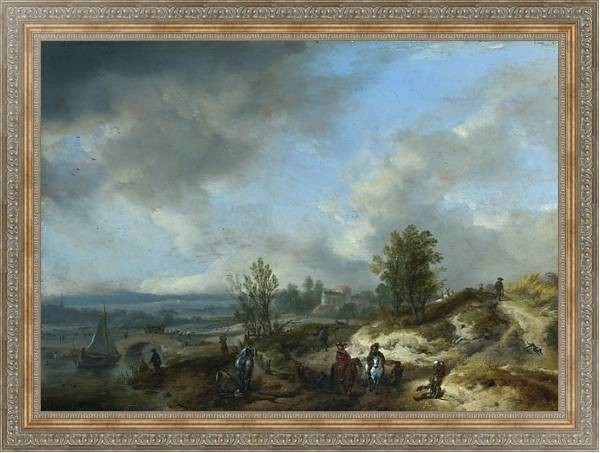 Постер Песчаный пейзаж с рекой и людьми с типом исполнения На холсте в раме в багетной раме 484.M48.310