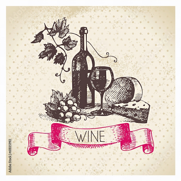 Постер Иллюстрация с вином и сыром с типом исполнения На холсте в раме в багетной раме 221-03