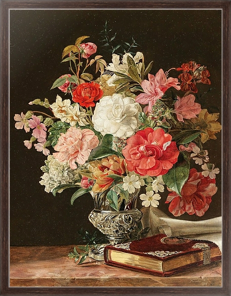 Постер A Bouquet of Flowers with Camellias in a Silver Vase с типом исполнения На холсте в раме в багетной раме 221-02