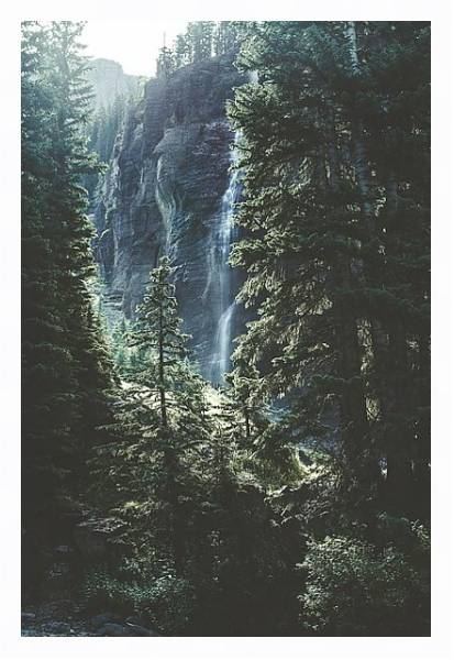 Постер Высокий водопад в еловом лесу с типом исполнения На холсте в раме в багетной раме 221-03