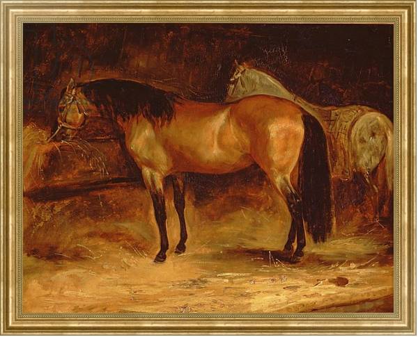 Постер A Bay Horse at a manger, with a grey horse in a rug с типом исполнения На холсте в раме в багетной раме NA033.1.051