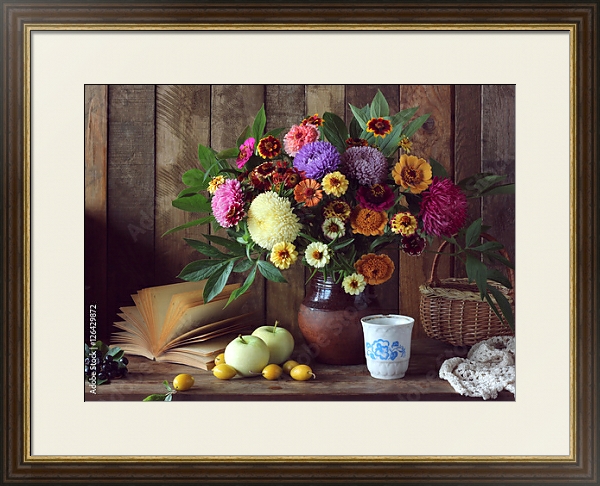 Постер Still life with bouquet, apples, plums and an open book. с типом исполнения Под стеклом в багетной раме 1.023.036