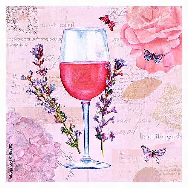 Постер Бокал с вином и цветами лаванды с типом исполнения На холсте в раме в багетной раме 221-03