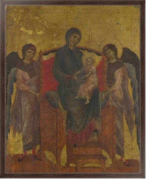 Постер Дева Мария с ребенком, окруженная двумя ангелами с типом исполнения На холсте в раме в багетной раме 221-02
